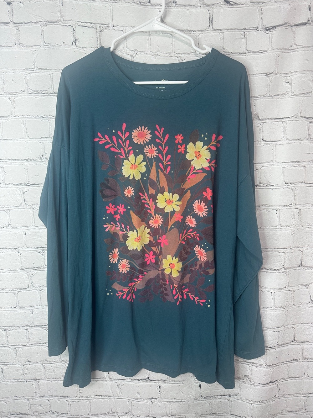 NATURAL LIFE Teal Long Sleeve Top with Pink & Yellow Floral Print XXL